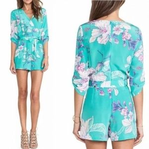 Women’s Yumi Kim Anthropologie Mint Blue Floral Silk Shorts Romper Belt Pockets